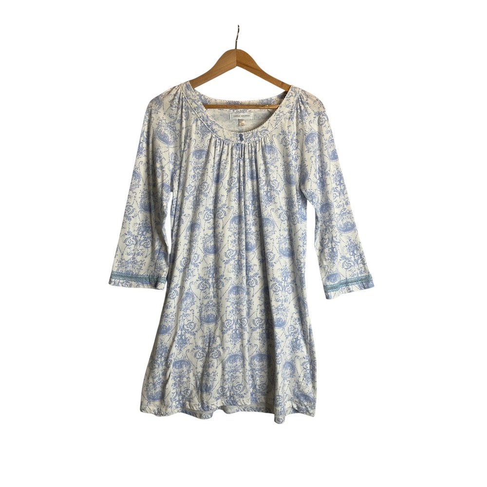 Carole Hochman Short‎ Nightgown Dress Cotton Blend Long Sleeve Blue Grannycore S